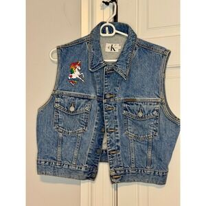 Vintage 90s CK Calvin Klein Denim Vest USA Whatever Forever Patch Grunge